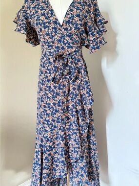 Max Studio Wrap Maxi Dress navy with Peach Floral Print ruffle sleeves#romantic